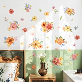Tanlaby Boho Daisy Flowers Wall Stickers Watercolor Floral Wall Decals Peel and Stick Bohemian Wildflowers Art Decor for Girls Bedroom Living Room Wardrobe