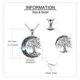 YAFEINI Tree of Life Necklace 925 Sterling Silver Moonstone Celtic Knot Pentagram Pendant Necklace for Women Jewellery, Sterling Silver, Oxidised