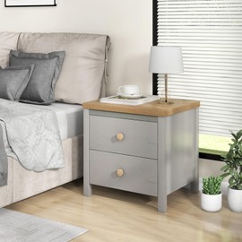 Giantex Night Stand with 2 Drawers, Farmhouse Bedside Table with Cute Round Knobs, Wooden Floor End Table with Rubber Wood Legs, Small Sofa Side Table for Small Space Kids Bedroom College, Grey