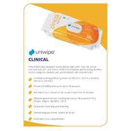 Uniwipe Uniwipe Clinical Midi-Wipes Antibacterial Sanitising kills 99.999% of germs (100 Pack), Plain