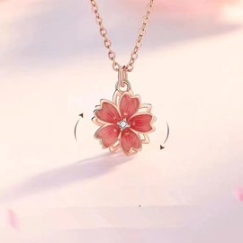 Yocoyee Dainty Cherry Blossoms Necklace Graduation Flower Gemstome Pink Love Heart Beautiful Artificial Stone Crystal Rose Gold Necklace for Women Friends Lover-Rotating