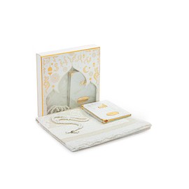 ihvan online Prayer Gift Set for Men & Women, Muslim Taffeta Prayer Rug, Salah Mat, Beads Rosary, Velvet Covered Yaseen Islamic Gift Set for Ramadan & Eid, White