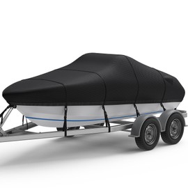 RVMasking Boat Cover, Ultra-Thick 1400D Polyester Canvas with Double PU Waterproof Coating, Fits 16-18.5ft Tri-Hull, V-Hull, Runabout, Fish & Ski Boat, Bass Boat, Black