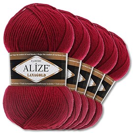 Alize 5 x 100 g Lanagold Wool | 53 Selection | Knitting Crochet Wool (390 | Cherry Red)