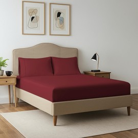 Pizuna 100% Cotton Rio Red Fitted Sheet + 2 Pillowcases Set 400TC Queen Sateen Weave 15" Deep Pocket Fitted Bottom Sheet Luxurious Cooling Queen Bedding Set