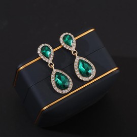Emerald Green Vintage Rhinestone Teardrop Dangle Earrings Dangling Drop Earrings Fancy Crystal and Gold Chandelier Earrings for Women Wedding Bridal Prom