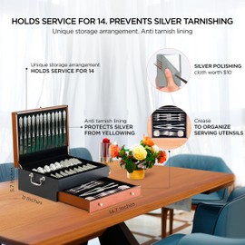 boldworks Silverware Storage Box Silverware Chest Case for Silver Flatware with Lid Tarnish Proof Felt Lined Partition and Drawer Holds Service for 14 Includes Polishing Cloth