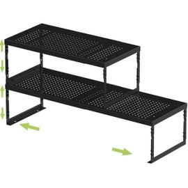 Jojocross Adjustable Stackable Metal Storage Shelf Organizer - Expandable Wire Rack with Perforations for Kitchen, Pantry, Bathroom, Cabinet & Office-Compact, Durable & Sturdy (2PACKS/Medium/Black)