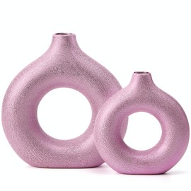 Set of 2 Donut Hollow Ceramic Vase Handmade Minimalist Boho ins Style, Modern Vase for Home Decor for Wedding Dinner Table Party Living Room Office Bedroom (Purple-Gold, Large + Small)