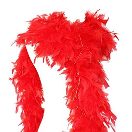 65g 72" Turkey Chandelle Feather Boas, Over 80 Colors & Patterns to Pick Up (Red w/Gold Tinsel)