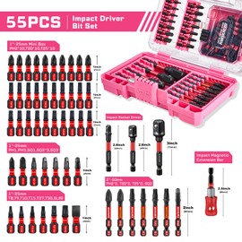Geinxurn 55Pieces Impact Screwdriver Bits Set, Magnetic S2 Steel Phillips/Slotted/Square/Torx Insert Power Bits Tips, Impact Bit Holder and Impact Socket Adapter with Pink Storage Box Case