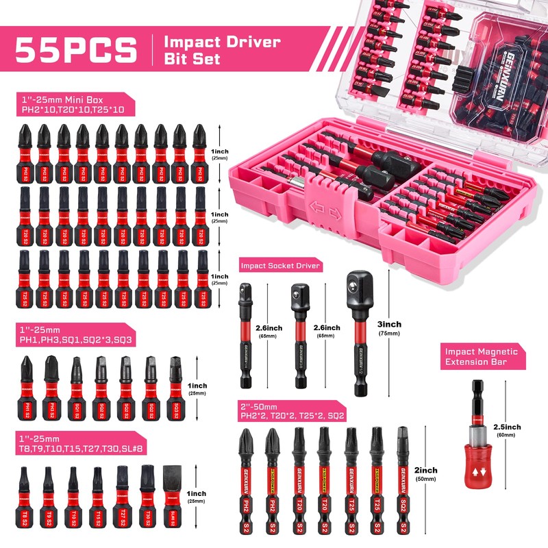 Geinxurn 55Pieces Impact Screwdriver Bits Set, Magnetic S2 Steel Phillips/Slotted/Square/Torx