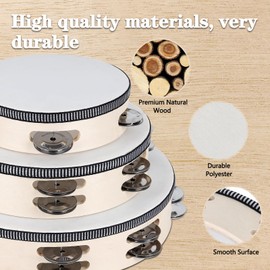 Wooden Hand Held Percussion Tambourine with Storage Bag - 6+8+10 Inches, Ideal for Church, Wedding, Party, Dance, Photo Shoot