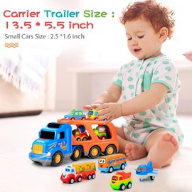 9 pcs Cars Toys for 2 3 4 5 Years Old Toddlers, Big Carrier Truck with 8 Small Cartoon Pull Back Cars, Colorful Assorted Vehicles, Transport Truck with Sound and Light, Best Gift for Boy and Girl
