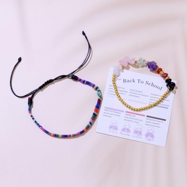 2Pcs Back to School Bracelets for Students, 6 Kinds of Natural Stones, Adjustable Woven Rope Healing Crystal Back to School Gifts for Her Him (Back to School Bracelet)
