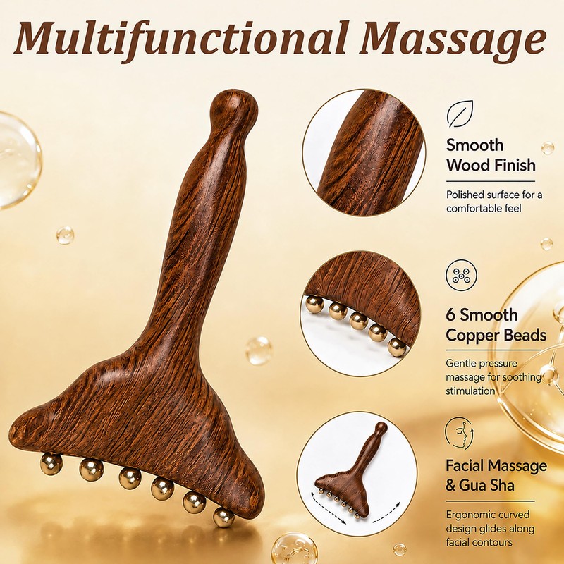 2Pcs Sandalwood Massager with Copper Beads, 2-in-1 Acupressure Roller and