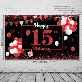 15th Birthday Backdrop Banner, Red and Black Birthday Party Decoration Sign Poster for Extra Large 15th Happy Birthday Photo Booth Background Banner for Women Girl 72.8 × 43.3 Inch