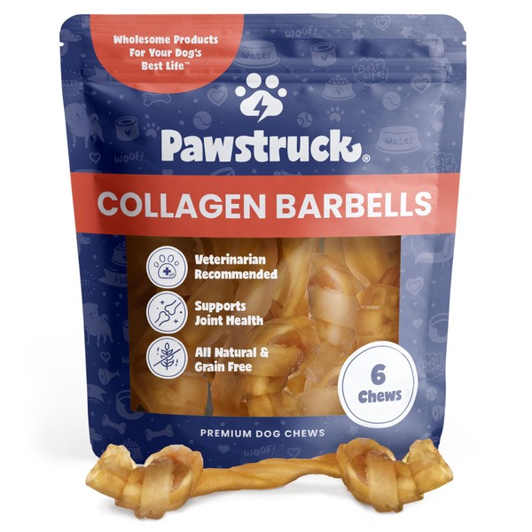 Pawstruck Natural Large Collagen Stick Barbells for Dogs - Vet-Approved Long Lasting Alternative to Traditional Rawhide & Bully Sticks - High Protein Dental Chew w/Glucosamine & Chondroitin - 6 Pack