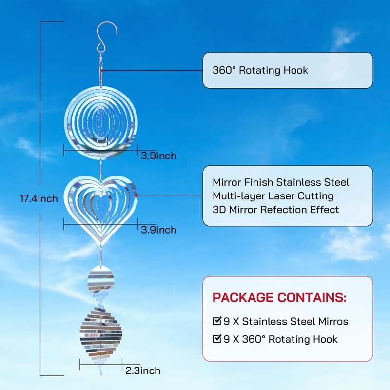Bird Deterrents for Outside, Reflective 3D Stainless Steel Wind Spinners,