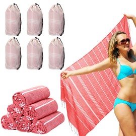 Mixweer 6 Sets Turkish Beach Towels with Travel Bag Bulk 39" x 71" Oversized Soft Cotton Beach Towel Sand Free Quick Dry Lightweight Travel Accessories Essential (Pink)