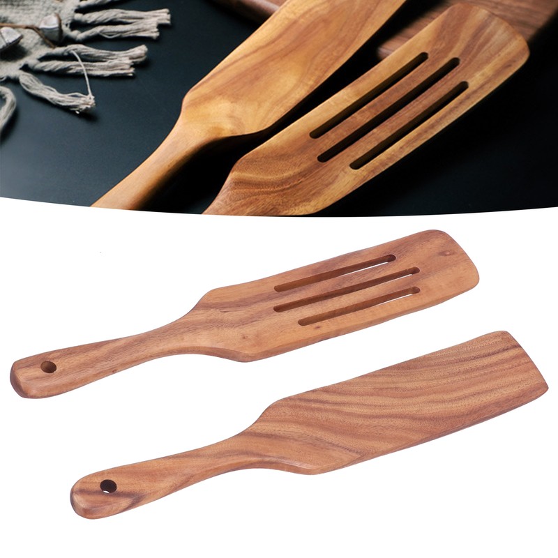 2pcs Slotted Turner Spatula Simple Wooden Spatula with Long Handlefor