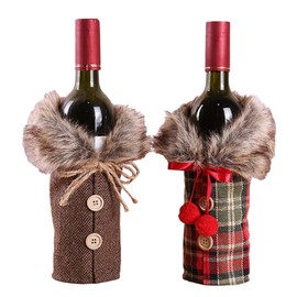 OHLOMJES Christmas Wine Bottle Cover Set, 2pcs Christmas Wine Gift Bag, Burlap Wine Bottle Sweater Collar & Button Coat Design Decorations for Xmas, Wedding, Birthday, Holiday Party
