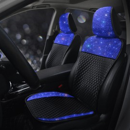 Pirador Shining Diamond Leather Front Car Seat Covers,Universal Automobile Seat Protectors with with Bling Crystal Rhinestones, Sparkly Glitter Automotive Seat Cover for Cars Trucks SUV Blue 2 Seats