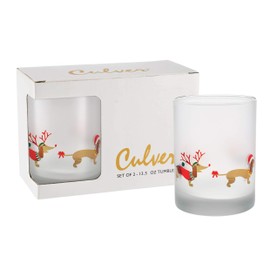 Culver Holiday Decorated Frosted Double Old Fashioned Tumbler Glasses, 13.5-Ounce, Gift Boxed Set of 2 (Snow Dogs)
