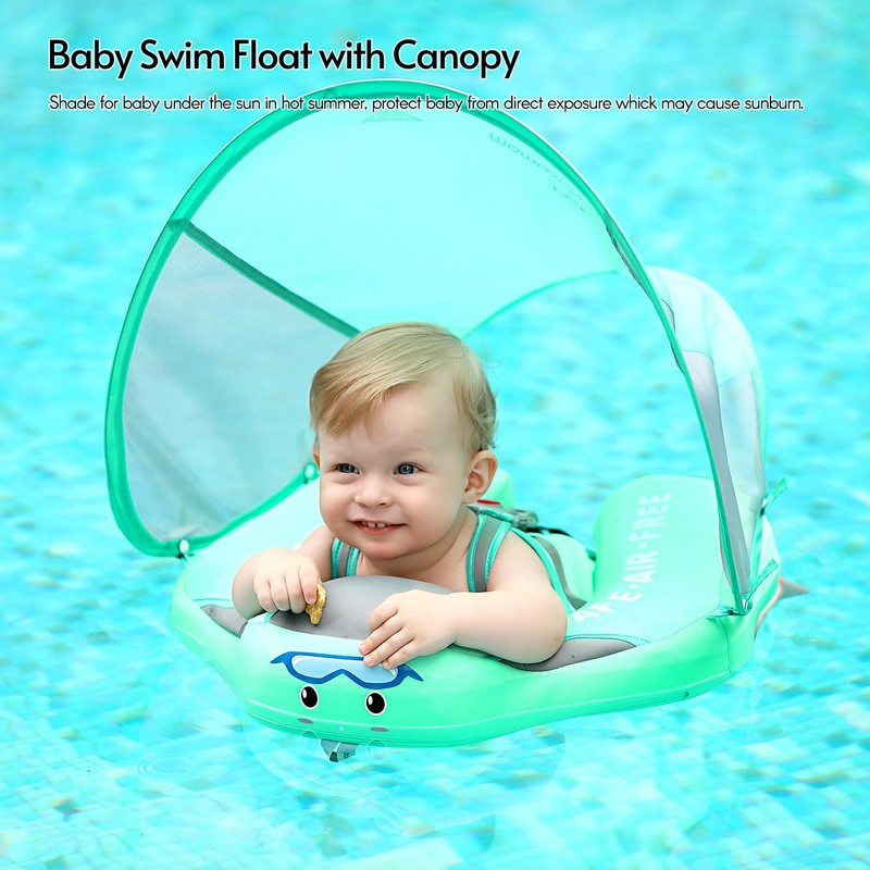 Non-Inflatable Baby Float with Tail Float Canopy Infant Lying Swimming