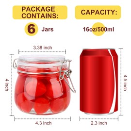 HINGWAH 16 oz Glass Jars with Airtight Lids, 6 Pack Wide Mouth Mason Jars with Clamp Lids for Kitchen Canisters, Food Storage Containers for Pickling, Coffee, Spices, Sugar, Herbs