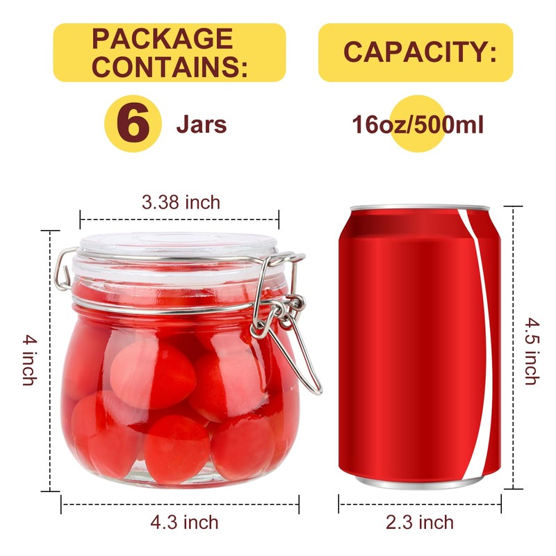HINGWAH 16 oz Glass Jars with Airtight Lids, 6 Pack