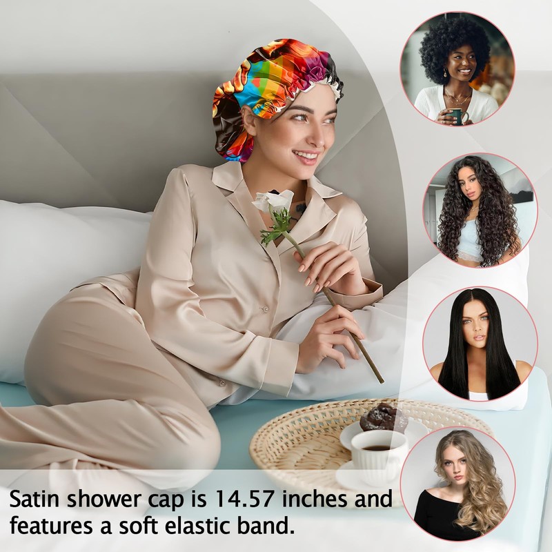 Cabreche Luxury Shower Cap Satin Silk Lined Adjustable Elastic Reusable