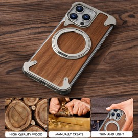 OATSBASF Magnetic Wood Case Compatible with 16 Pro 6.3", [Natural Wood & Aluminum] Shockproof Protective Cover Unique Wooden Case with 360° Ring Stand, Natural Titanium