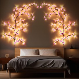 Glooglitter 2 Pcs Cherry LED Tree Branch Lights for Wall, 47 Inch 48 LED Cherry Blossom Lights Willow Vine Garland Decor for Home Wall Door Indoor Window Bedroom
