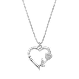 Vanbelle Sterling Silver Jewelry - Rhodium Plated with 925 Stamp - Heart & Flower Pendant Necklace for Women - Chain 16" long + 2" Extender