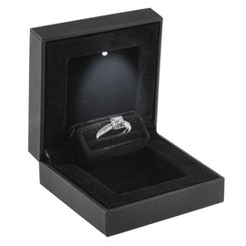 Allure - Slim Ring Box With LED Light, Square Shaped Elegant Flat Diamond Ring Case, Small, Black Velvet Interior Jewelry Display Gift Box For Unique Proposal, Engagement Or Wedding.