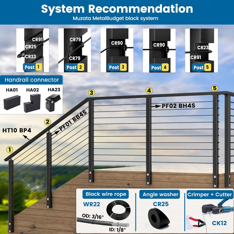 Muzata 10 Pack 1/8" Black Cable Railing Hardware Kit Hand