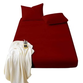 Fitted Sheet Bedding Soft Brushed Fabric, 25cm Side Stretch Deep Pocket, Maroon White Size 135 x 190 +25cm