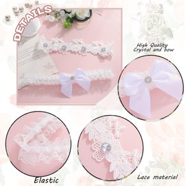 Urieo Bowknot Crystal Wedding Garters Rhinestone Floral White Lace Garter Stretch Bride Bridal Prom Party Leg Garter Set for Women(Pack of 2)