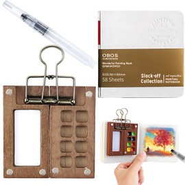 YceLon Tobios Pocket 4-Piece Mini Watercolour Set with 8 Grid Wooden Palette, Clip, Brush and Sketchbook, Compact and Portable for Travel and Outdoor Painting