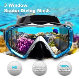 Snorkel Set Pano 3 Adult Snorkeling Gear, Professional Anti-Fog Snorkel Mask Dry Top Snorkel, Tempered Glass Scuba Diving Mask for Freediving, Snorkeling and Swimming(Blue Set)
