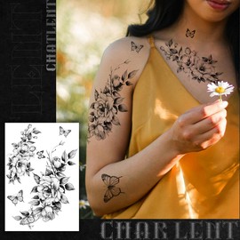 CHARLNET Realistic Temporary Flower Tattoos for Women - 9 Large Leaves Flower and Rose Tattoos for Women, Body Art, Arms, Chest, Legs, Shoulders