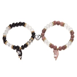 Azusa Sun 2 Pcs Couple Friendship Bracelets for Women Men Kawaii Cute Cartoon Cat Animal Charm Heart Matching Bracelets Colorful Glass Beaded Bracelet Y2k Gifts Jewelry-Black Brown