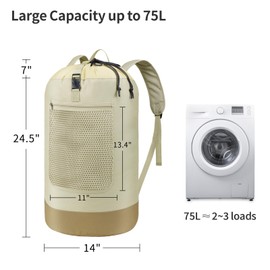 F-color Laundry Backpack 75L - Large Capacity Laundry Bag Backpack with Comfort Straps, Mesh and Zip Pocket, Sturdy Laundry Backpack for Dorm, Travel, Laundromat, Apartment, Khaki