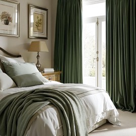 EMEMA Olive Green Velvet Curtains 84 Inch Length 2 Panels Set Room Darkening Luxury Drapes Back Tab and Rod Pocket Thermal Insulated Drapes Window Curtains for Bedroom Living Room W52 x L84