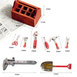 langjiao Miniature Tool Box Wooden Tool Box 9 Pieces Miniature Accessories, Scale 1/12 Miniature Dollhouse Set, Doll Repair Tool Model