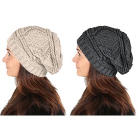 Lilax Knit Slouchy Oversized Soft Warm Winter Beanie Women Hat 2 Pack Beige-Gray
