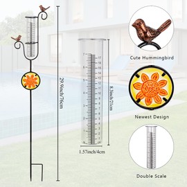 viterlight Rain Gauge Outdoor, Hummingbird Rain Gauge, Metal Rain Measure Gauge with Stained Glass, Decorative Rainfall Measurement for Patio, Lawn, Garden Decor