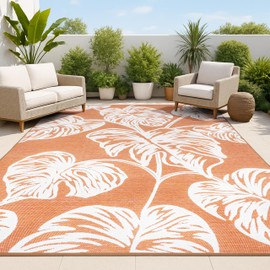 JONATHAN Y Two-Tone Monstera Leaf Indoor Outdoor Area Rug 8X10 Orange/Ivory, Tobago High-Low for Backyard, Patio, Porch, Easy-Cleaning, High Traffic, Pet-Friendly, Non-Shedding (HWC100A-8)