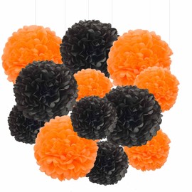 Black and Orange Tissue Paper Pom Poms Hanging Tissue Flowers Poms Decorations Pack of 12 for Wedding, Birthday,Party Backdrop Decor ect. (12", 10",Tissue Paper Flowers)